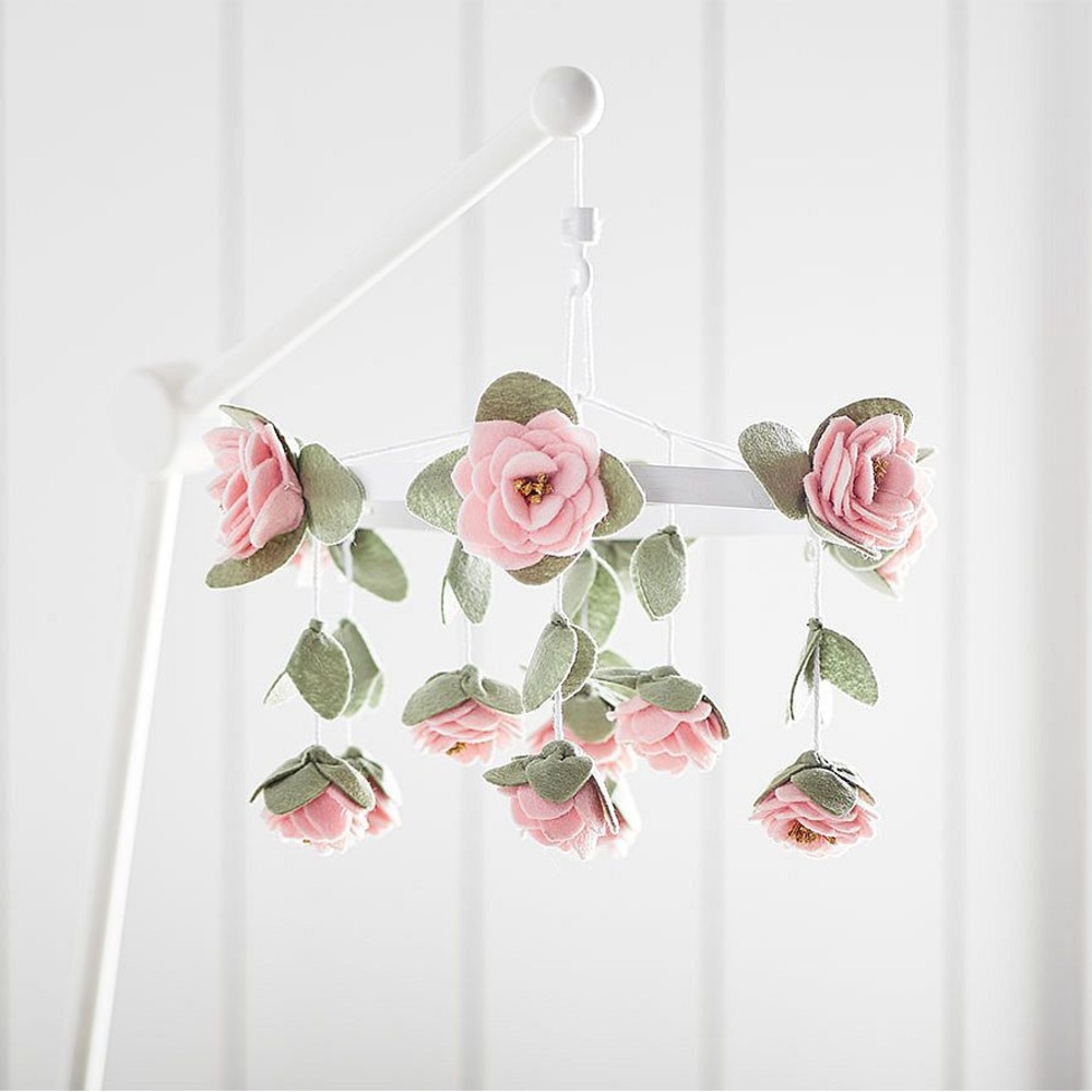 Pottery Barn Floral Felted Pink Roses Musical Baby Crib Mobile and Mobile Arm